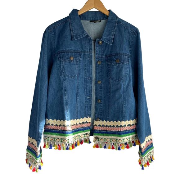 The Pyramid Collection Y2K Denim Jacket Women L Boho Hippie Rainbow Tassel NEW - Picture 1 of 10